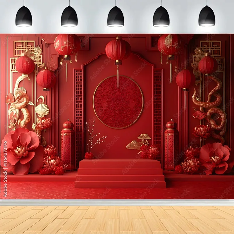 Chiński Nowy Rok Dekoracja Fotografia Tła Czerwone Latarnie Kwiaty Dekorowane Wiosna Świąteczny Wentylator Kwiat Tło TK-02