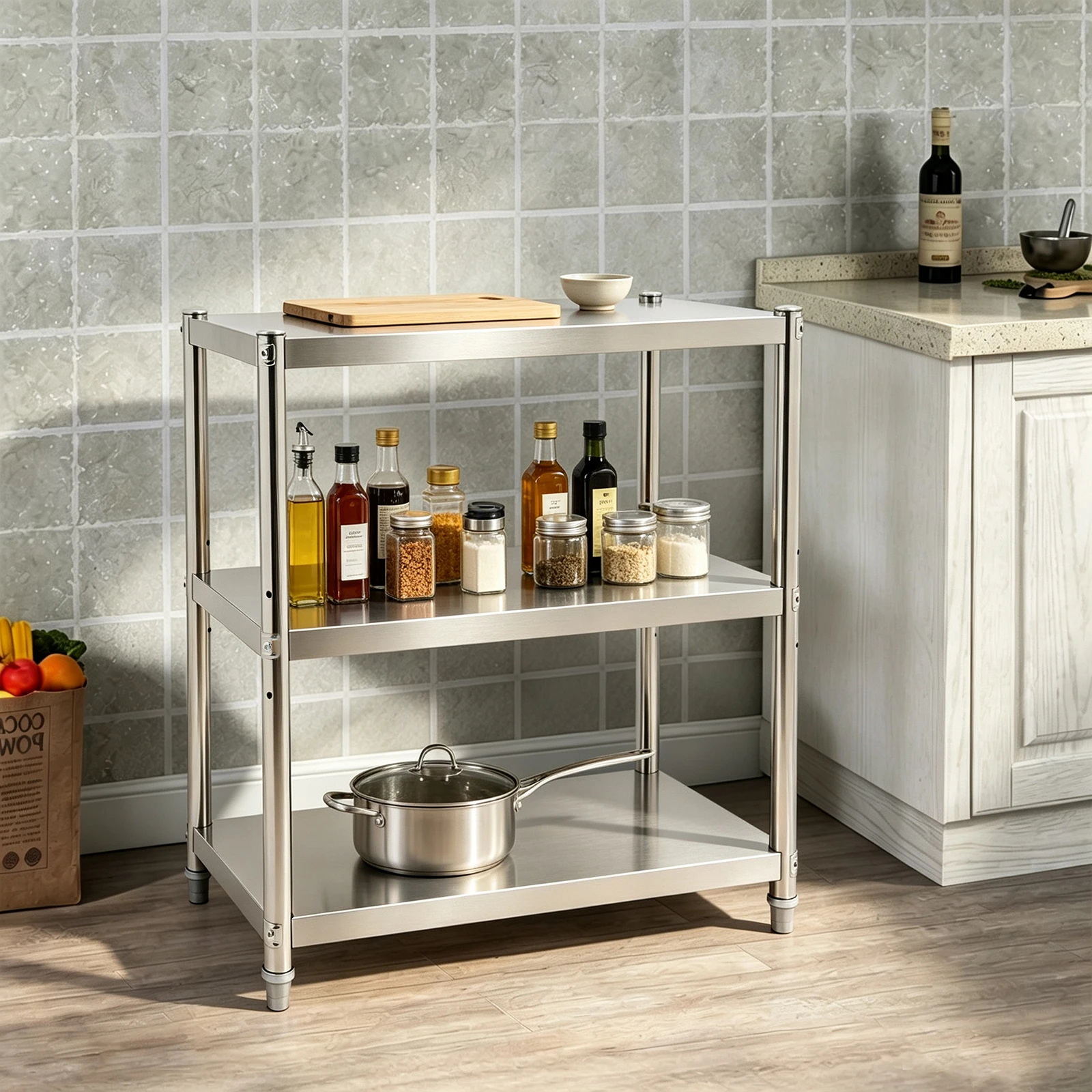 3-Tier Stainless Steel Storage Rack, Heavy Duty Adjustable Shelf Organizer, Utility Cart for Kitchen Bathroom Pantry Home Use