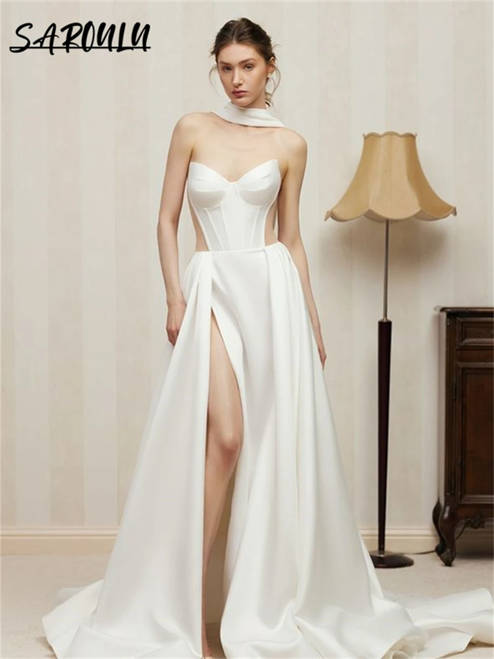 Modern Silky Satin Wedding Dress with High Side Slit, Cut-Out Waist Customized Wed Gown Bridal Gowns Court Train Bride Dresses