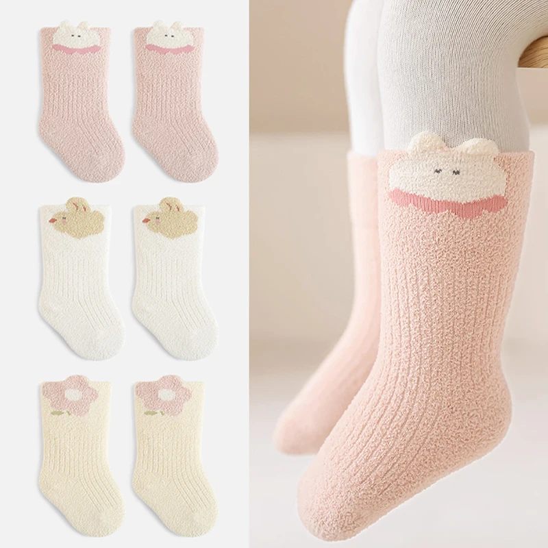 3 Pairs Winter Baby Socks Warm Thick Newborn Socks Cute Cartoon Loose Cuff Mid Tube Children Socks For Girls And Boys