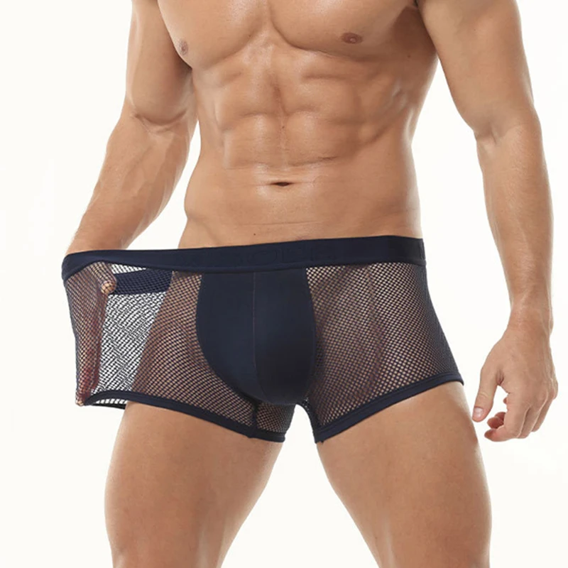 

Summer Ice Silk Sexy Underwear Mens Mid Waist Ultra-thin Hollow Boxer Shorts Breathable Elastic Panties U Bulge Pouch Underpants