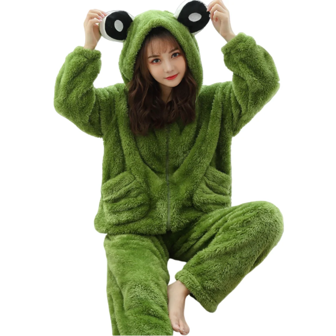 

Милые пижамы с зеленой лягушкой, зимняя домашняя одежда с мультяшными животными, цельная ночная рубашка, коралловый флисовый халат, рождественские подарки для женщин и мужчин
