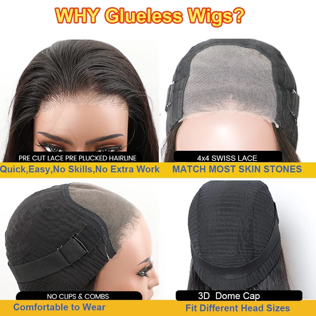 Wear and Go-Perruque Bob sans colle pour débutants, cheveux humains pré-épilés, pré-découpés, prêts à porter