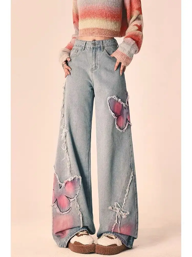 MiiiiX American High Street Ripped Jeans Women Long Pants Autumn 2024 New Thickened Butterfly Embroidery Loose Wide Leg Trousers