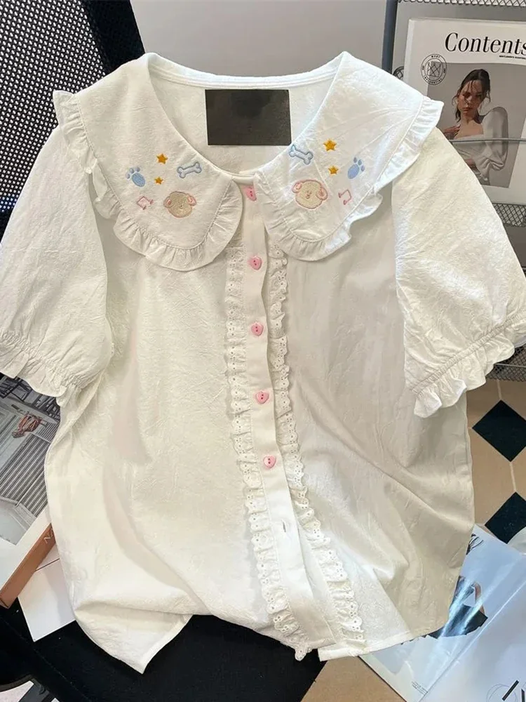 

Lolita Cute White Shirt Women Vintage Short Sleeve Kawaii Blouse Japan Preppy Style Embroidery Peter Pan Collar Retro Tops