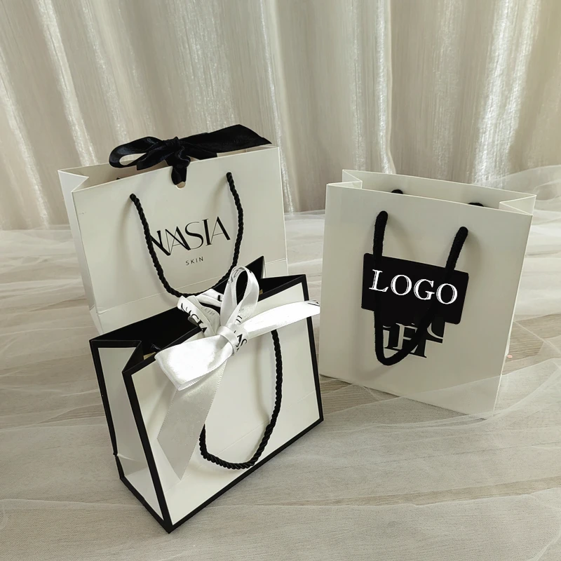 300PCS Custom Logo Printed Paper Shopping Bag With Handle Small Business Jewelry for Clothing Gift Bag Packaging Sacola De Papel