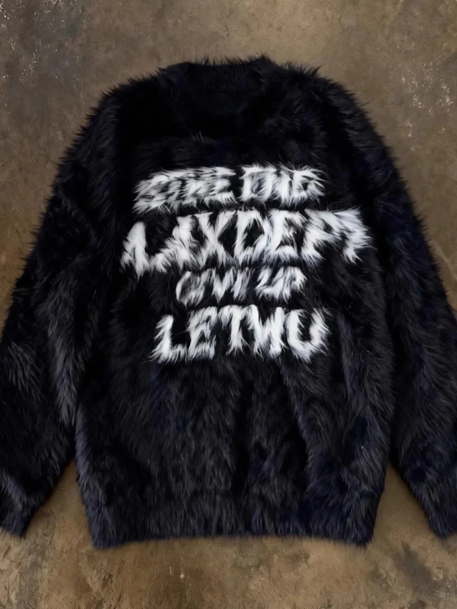 

Trendy Lazy Street Sle Knitted Sweater Men's Loose Fit Soft American Casual Autumn Winter Faux Fur Letter Print Coat