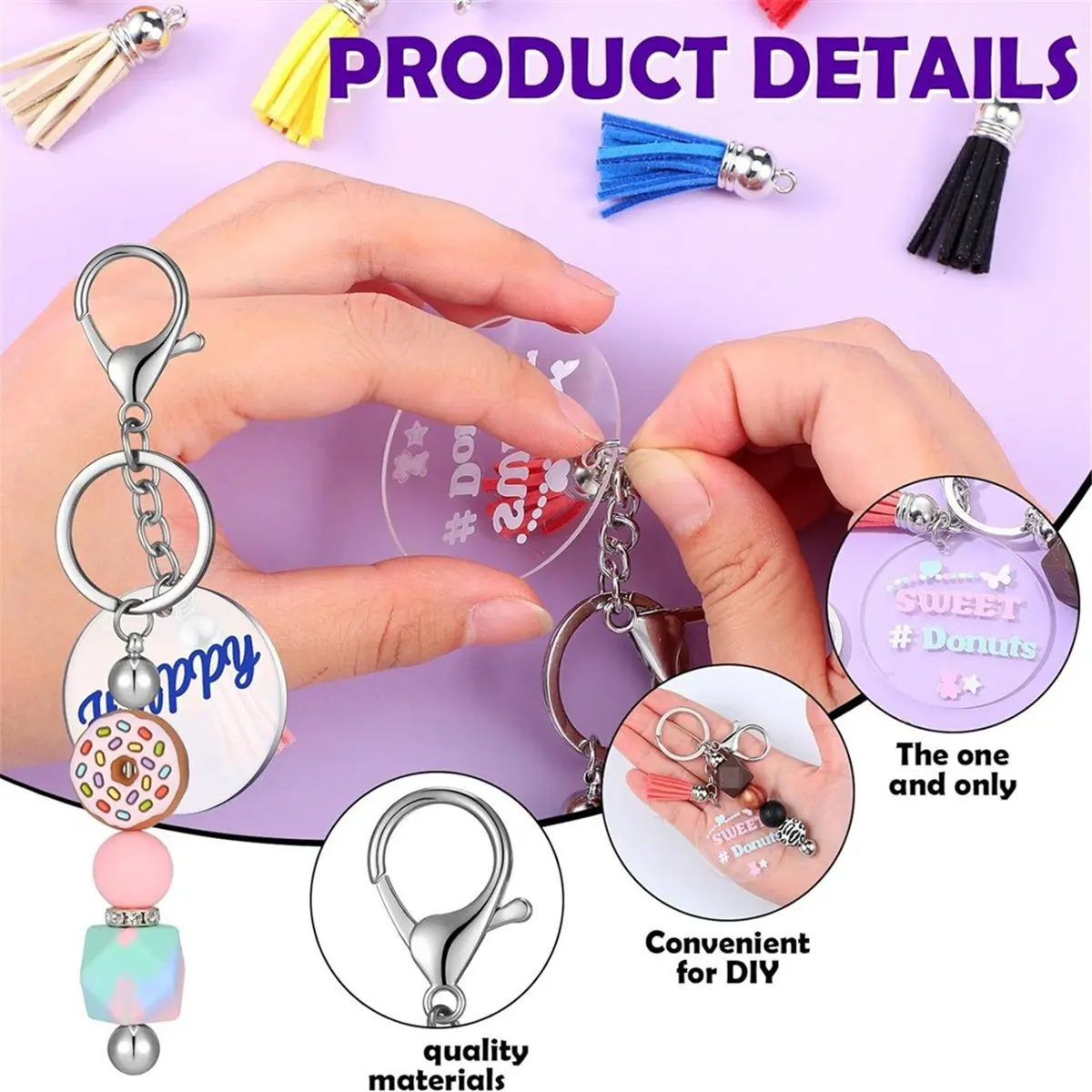 A75K Keychain Making Kit - DIY Keyrings,10 Beadable Keychain Rods, 10 Tassels,10 Acrylic Blanks,Charm Keyring Making Kit