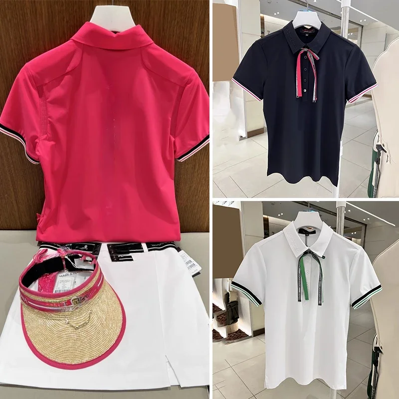 

2024 Korean Original Women's Golf Apparel Summer Thin Lapel Bow Comfortable Casual Sports Short Sleeve T-Shirt