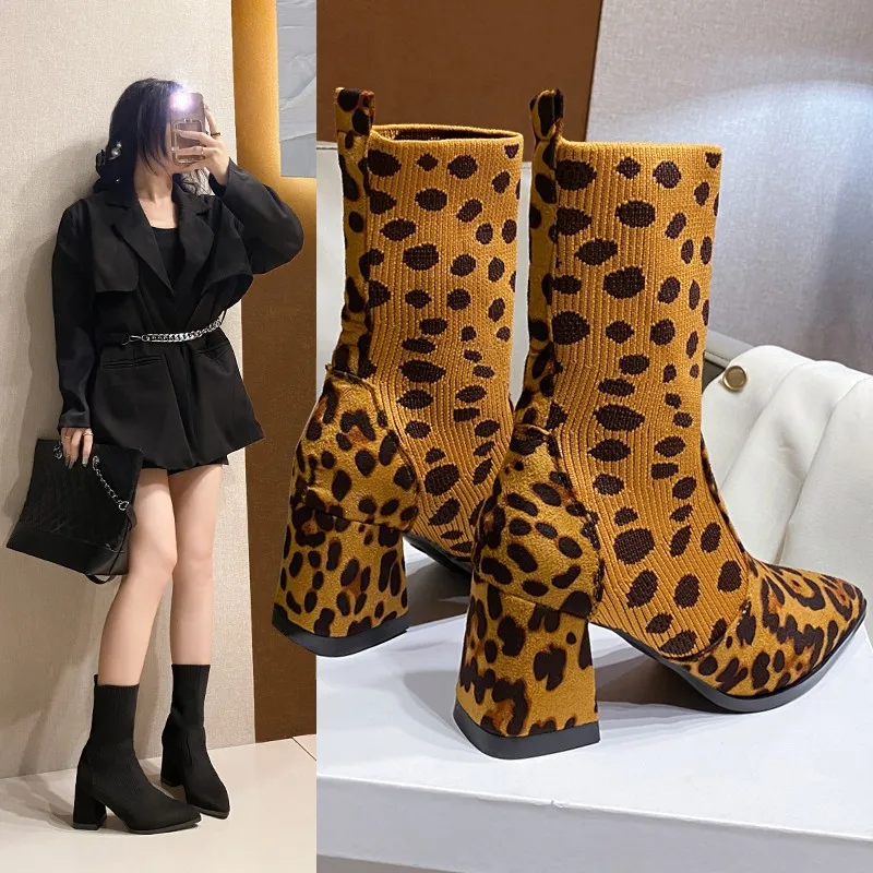 Boots Flat Platform Shoes  Chelsea Boots-Women Clogs High Heel Stockings Leopard Mid Calf 2024 Ladies Autumn Rock Pointy Rubber