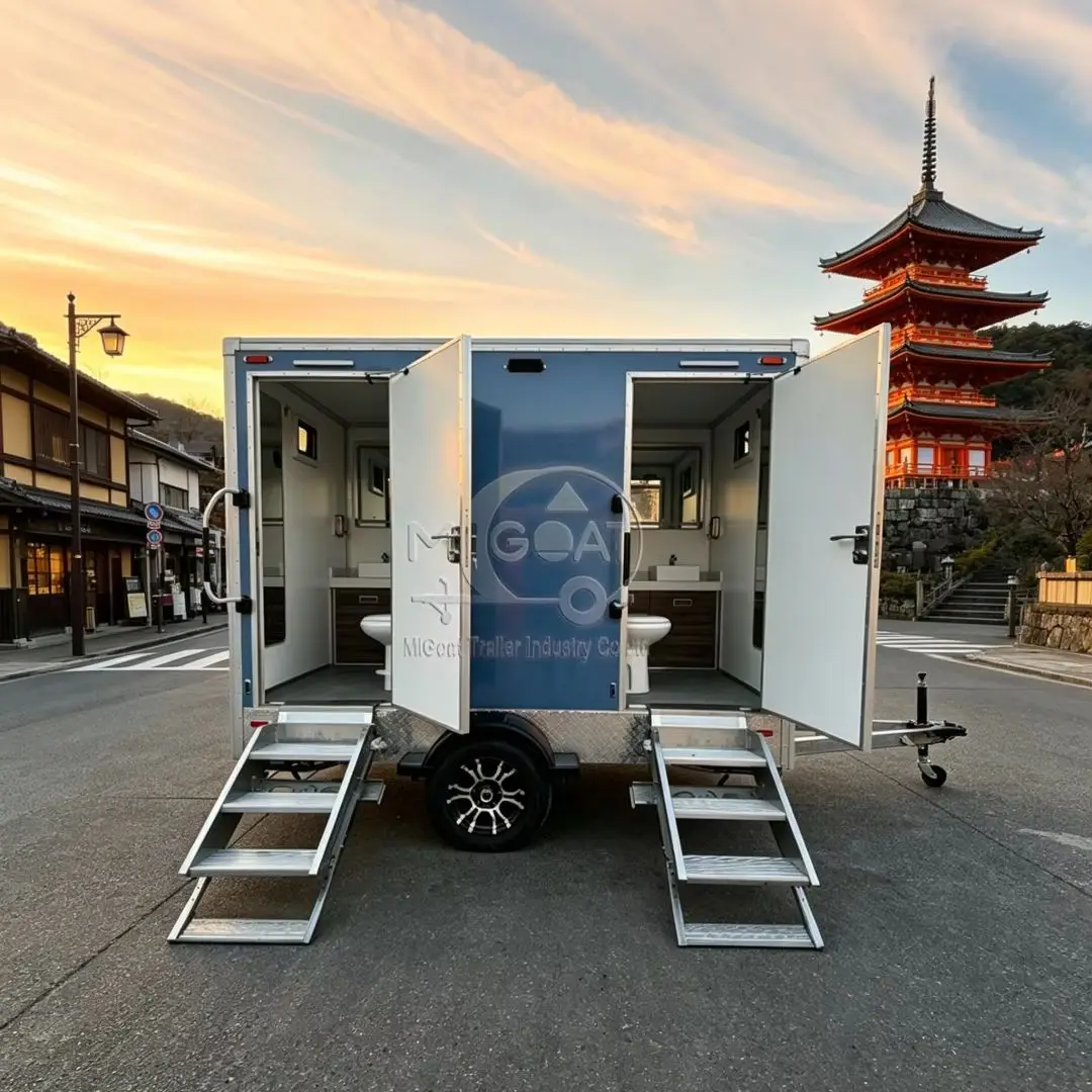 2-Stall Blue Portable Restroom Trailer Single Axle VIP Mobile Toilet for Wedding & Outdoor Events