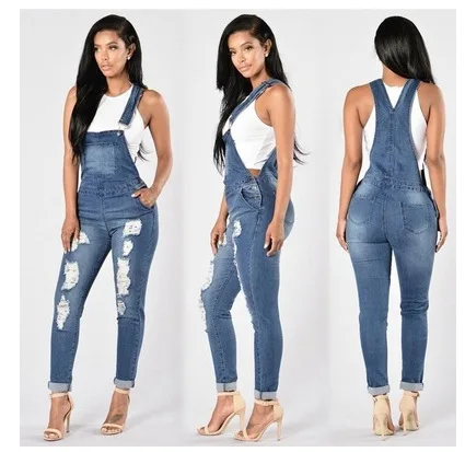 

Women Jeans Distressed Overalls Pencil Pants Denim Holes Pockets Jumpsuits High Street Mid Waist One Piece Washing Slim Fit