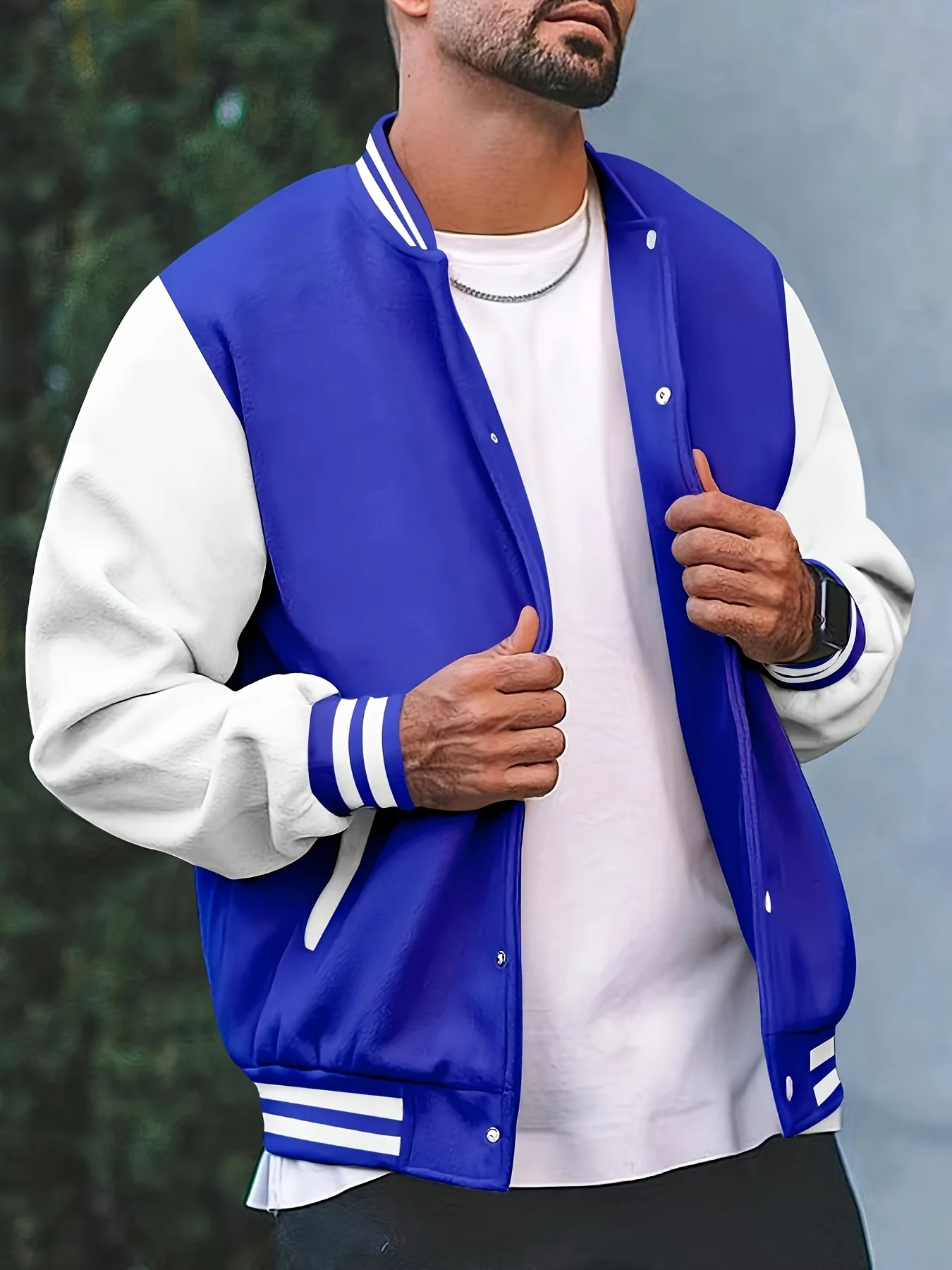 Fashionable Design Men's Black and White Campus Style Jacket Casual Baseball Jacket with Pockets Long Sleeves Autumn and Winter