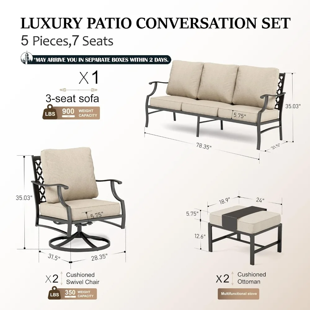 5 Piece Patio Furniture Set, 2 x Swivel Chair, 2 x Ottoman, 1 x 3-Seat Sofa, All Cushioned 7 Seats Outdoor Conversation Set