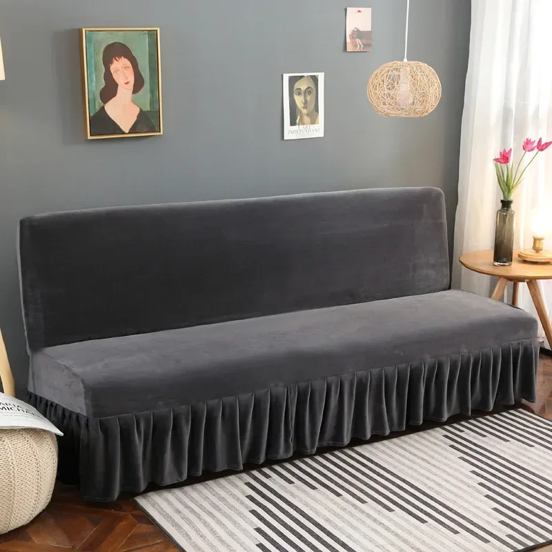 Stretch Velvet Futon Sofa Bed Cover Armless Thick Plush Sofa Cover with Skirt Sofa Slipcover Couch Cover Furniture Protector 1pc