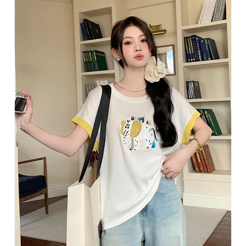 

Fahion Elephant Cartoon Embroidered T-shirt For Women Summer New Design Contrast Color Thin Top Casual O-Neck Versatile Shirt