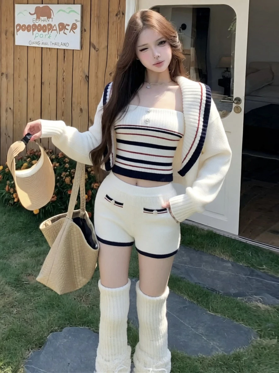 American Pure Desire Fashion Striped Color Block Design Cardigan Outerwear High Waist Slimming Pants Three Piece Set