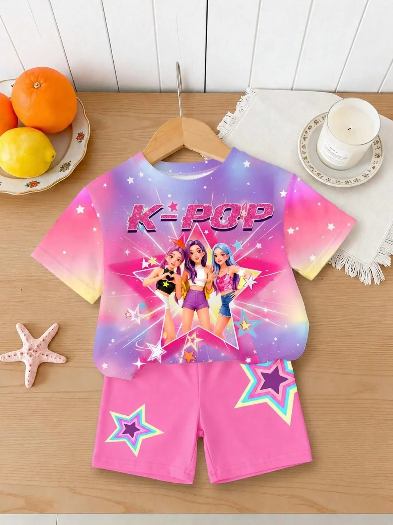 Trendy street-style two-piece outfit for girls featuring a gradient starry-sky cartoon print; includes a soft short-sleeved T-sh view 3