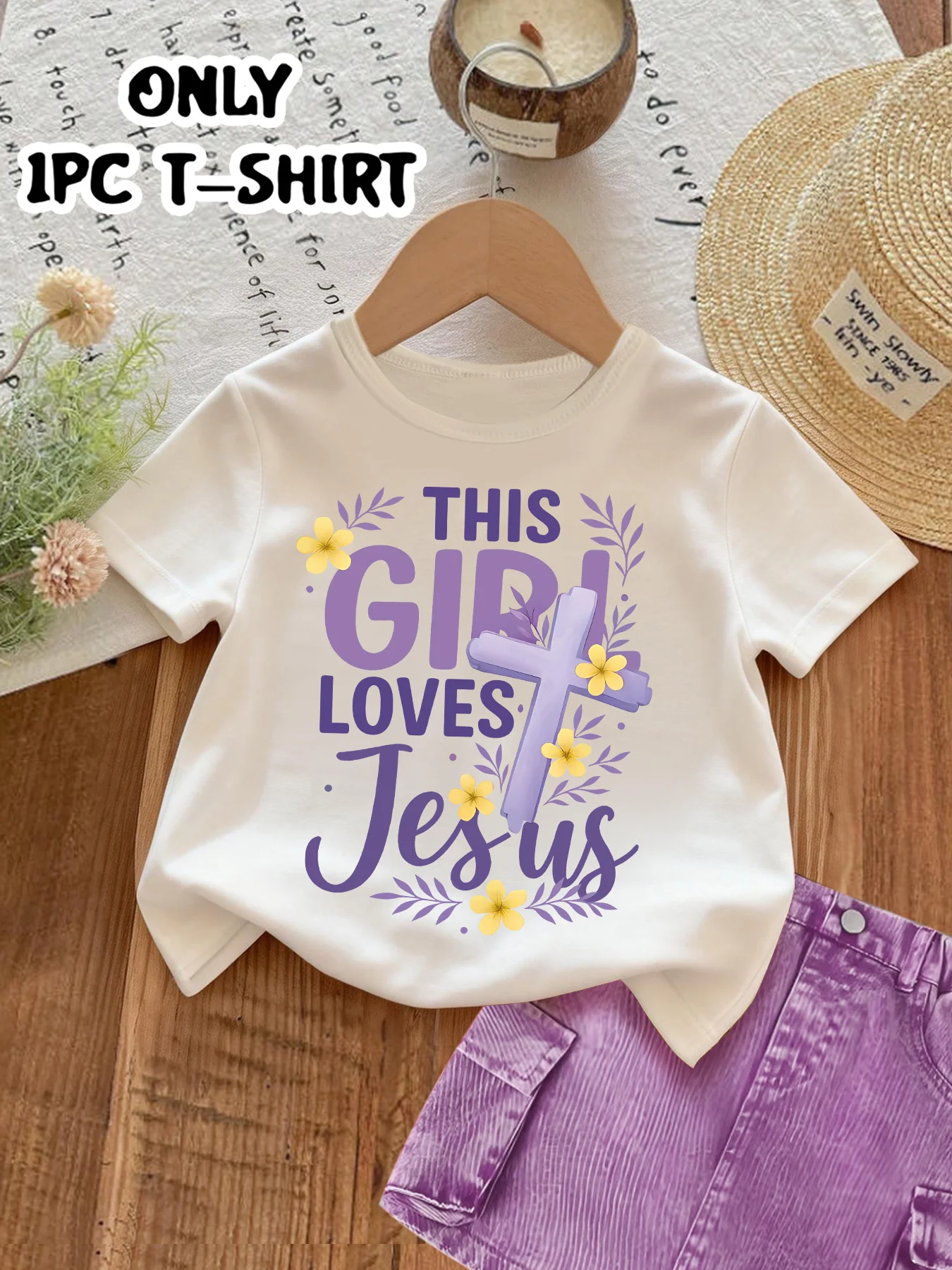 T-shirt léger de Pâques pour filles, motif floral croix Jésus, manches courtes, tee-shirt chrétien doux et extensible