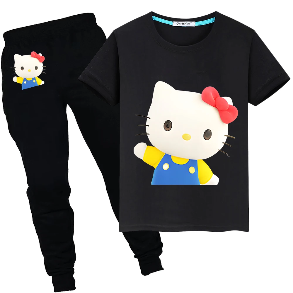 Setelan baju olahraga musim panas hello kitty T-shirt lucu 100% katun pendek + celana atasan imut pakaian anak laki-laki perempuan Tshirts hadiah liburan