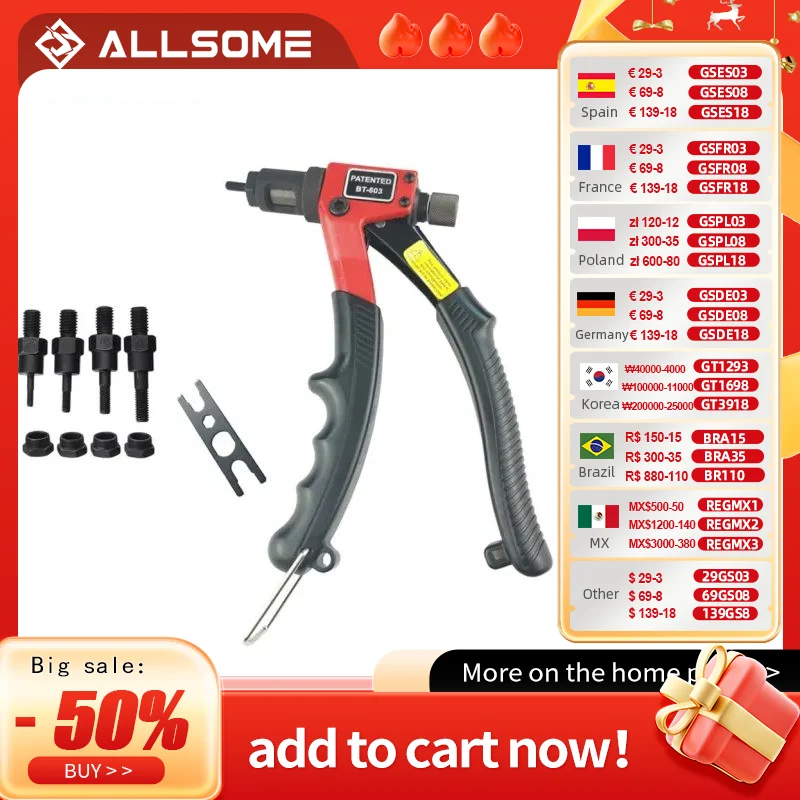 ALLSOME BT-603 Manual Riveter Gun Hand Rivet Tool Kit Rivet Nut Setting Tool Nut Setter M3/M4/M5/M6