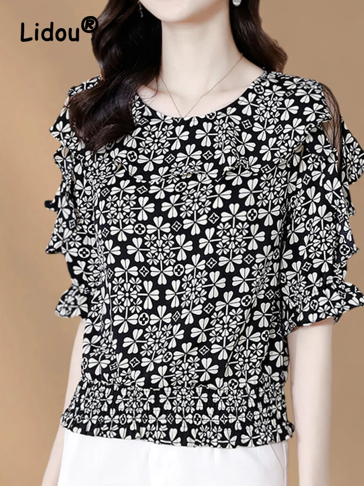 

2022 Summer Korean Floral Top Women New Loose Round Neck Short Sleeve Patchwork Fashion Hollow Thin All-match Chiffon Shirt