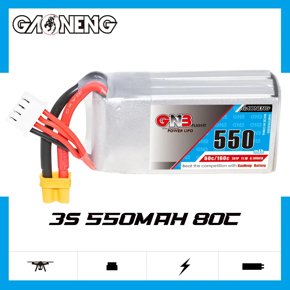 

GAONENG GNB 550mAh 3S 80C 160C 11.1V XT30 LiPo Battery Square Type Cinelog Cinewhoop RC Toy small heli Airplane Quads