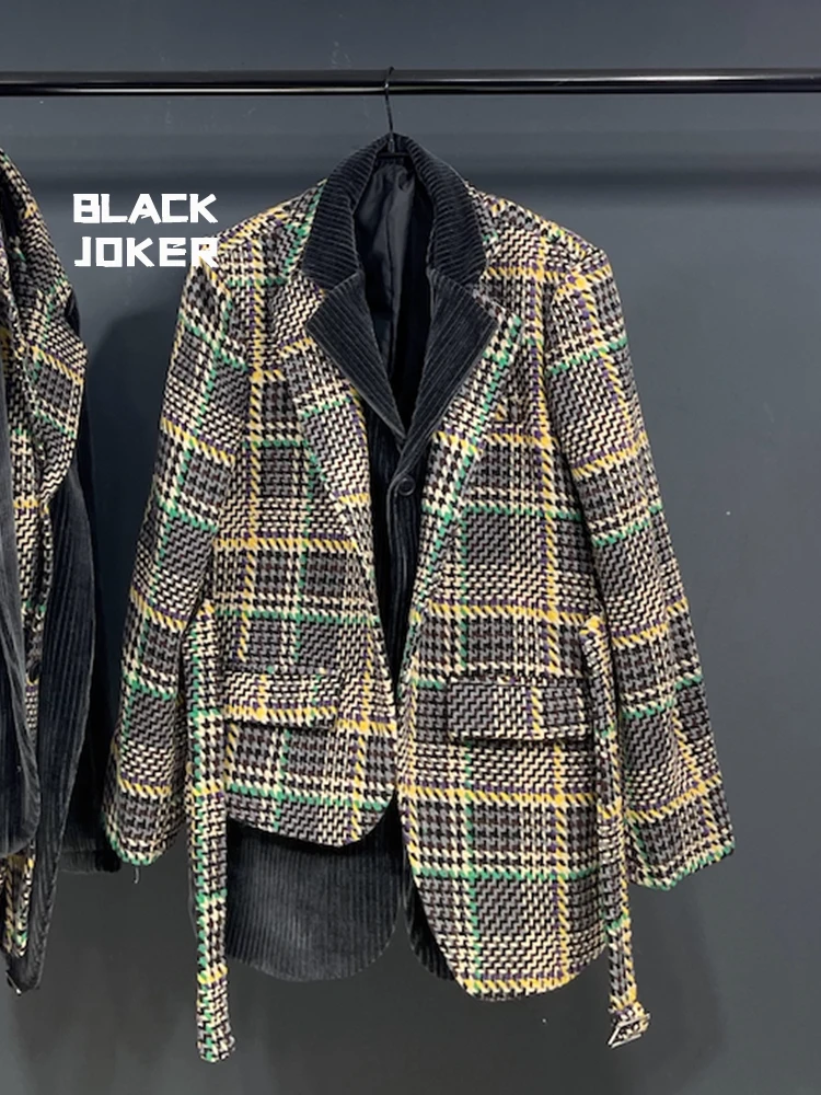 BLACK JOKER Original design Fake two pieces Rough spinning Weaving houndstooth corduroy Splicing blazers Suit jacketUnisex tops