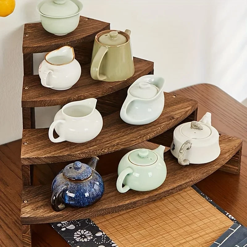 Tea Display Stand 4 Tier Wooden Stepped Shelf Solid Wood Curio Rack Organiser for Tea Pot Teaware Teacup Storage Home Decor