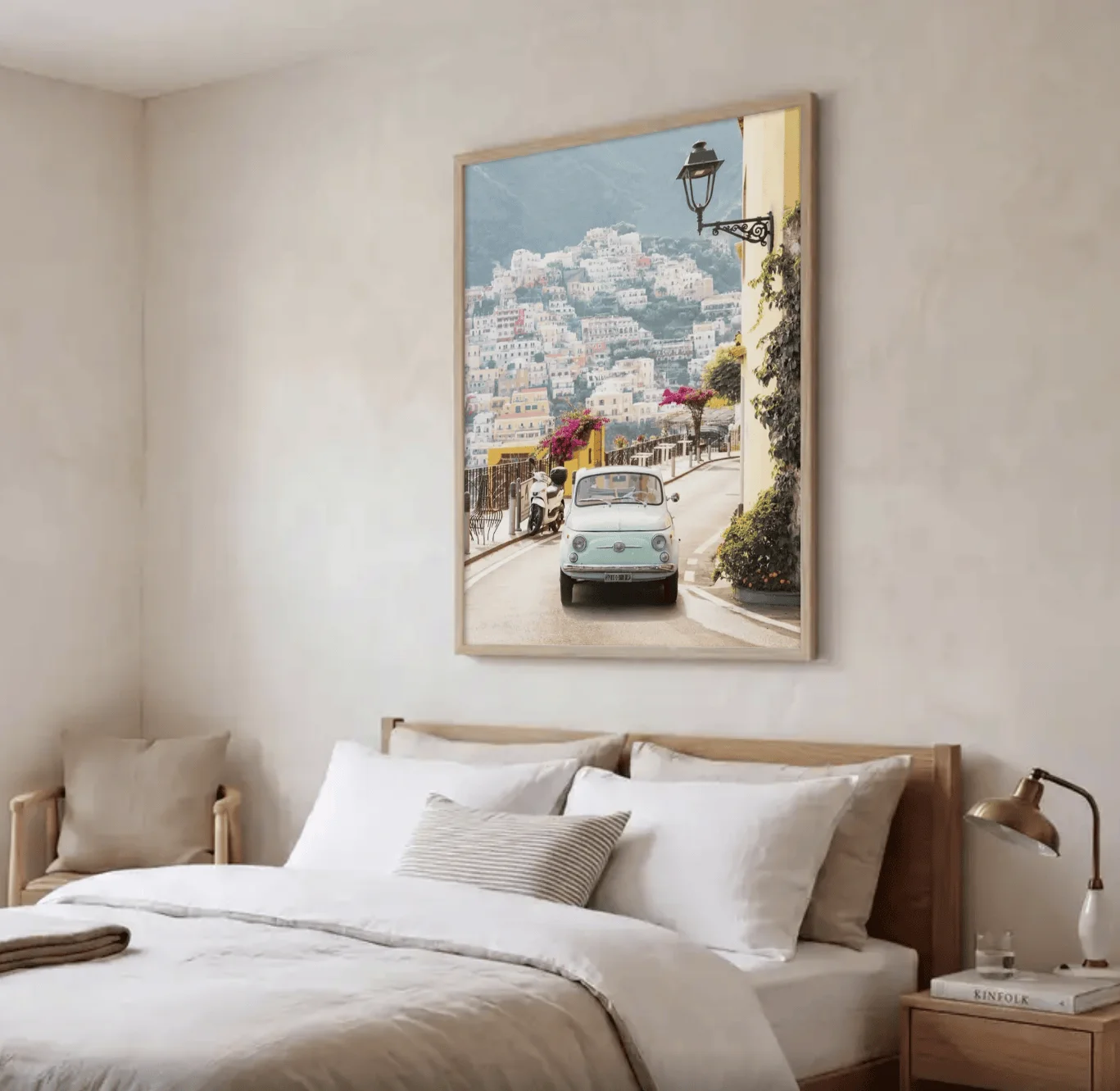 Italian Coastal Town Wall Art Canvas Prints, Vintage Mint Car Posters, Scenic Travel Decor for Living Room Bedroom Wall Decor