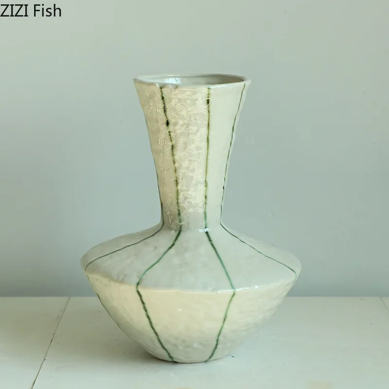 Hammered Texture Ceramic Vase Green Hand-painted Striped Flower Pots Table Decoration Flowers Arrangement Room Aesthetic Decor