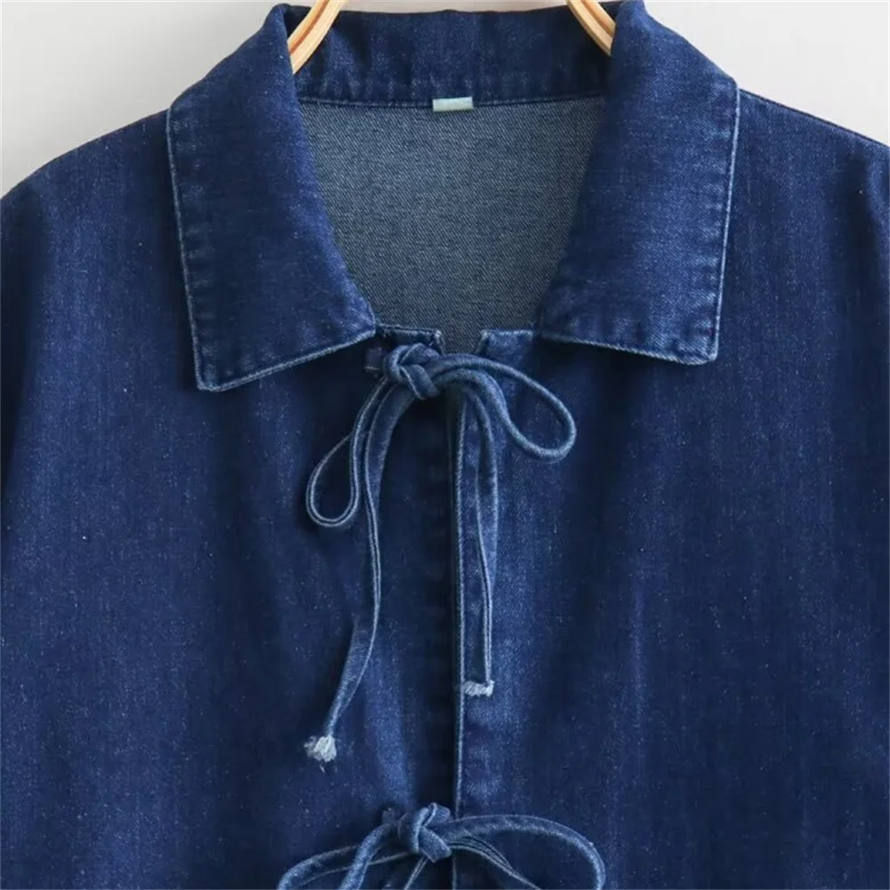 Taop&Za 2024 Summer New Product Women\'s Fashion Casual Loose Lapel Long Sleeve Lace up Washed Denim Shirt