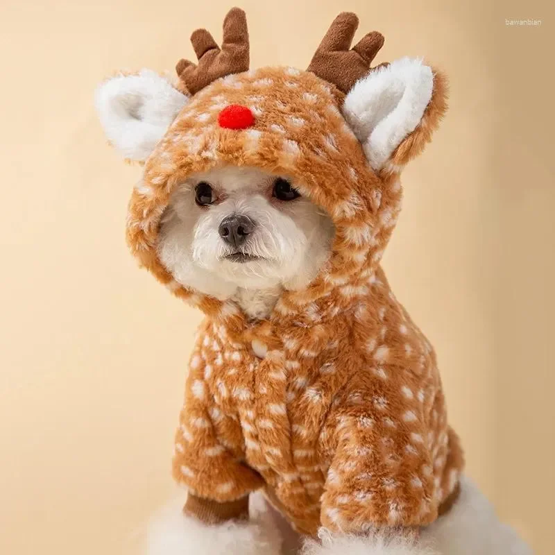 Pet Apparel Dog Apparel Pet Christmas Plush Elk Coat Cat Winter Soft Clothes With Tow Ring Cute Ears Hoodies