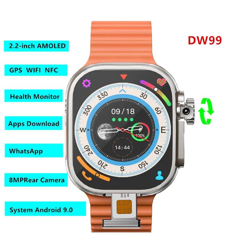 DW99 Smartwatch S9 Ultra SIM card 4G/5G Android 9.0 2.2-inch Amoled 8MP 180° Rotating Camera WIFI GPS NFC Google Play Store