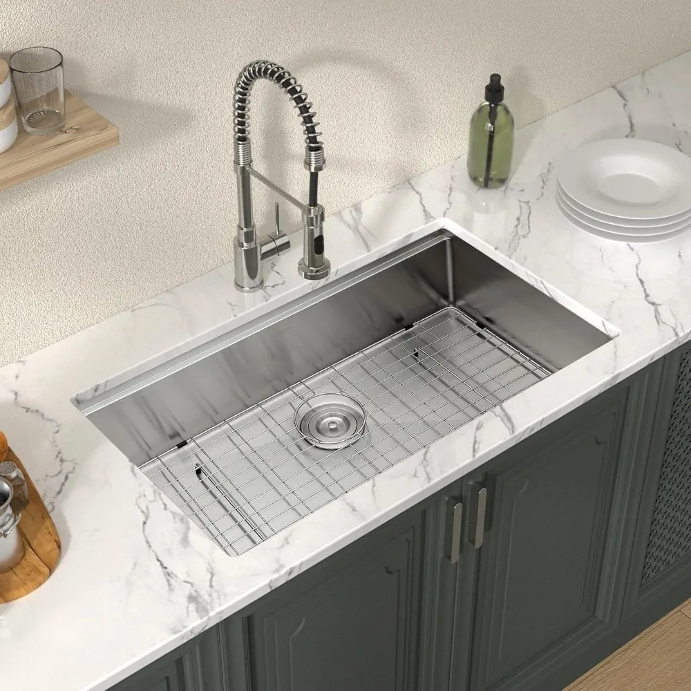 Stainless Steel 32-inch Deep Single Bowl Undermount Kitchen Sink, Handcrafted 16 Gauge Workstation Sink for Counter