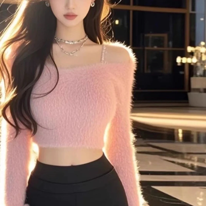 

Gentle pink plush off shoulder solid color 2025 autumn new sweet girl versatile elegant crop top sweater pullover