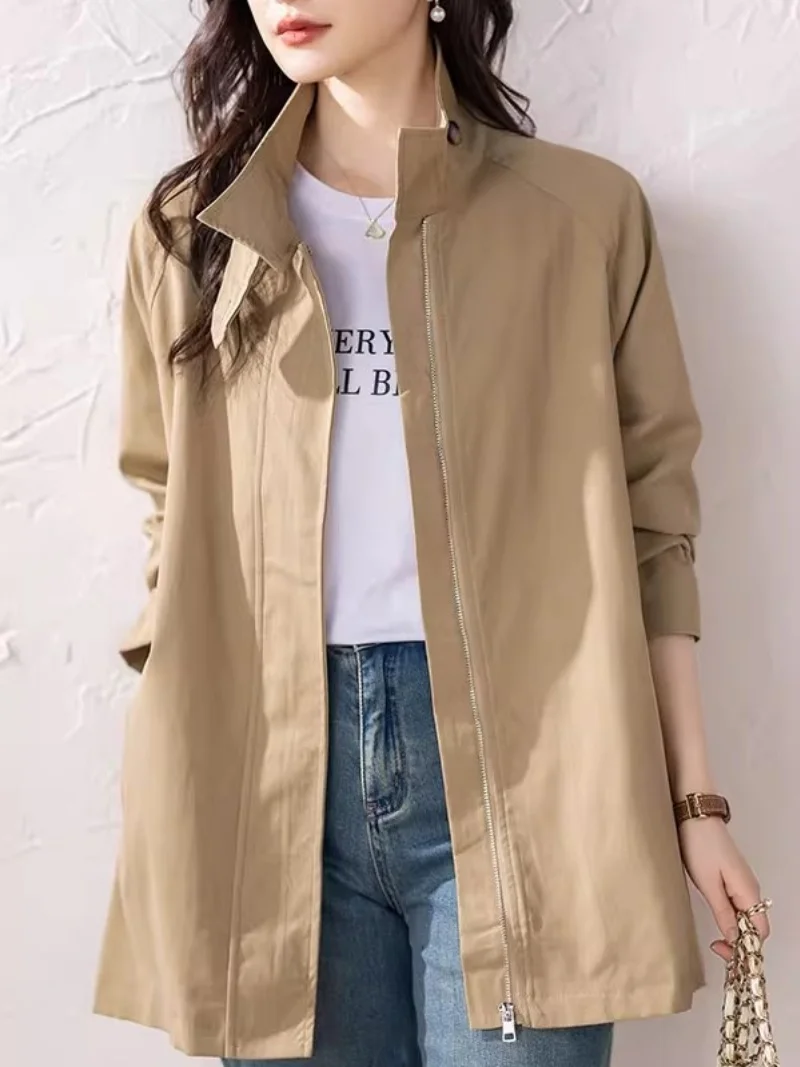 

Medium Long Standing Collar Trench Coat For Women Spring And Autumn Large Size Clothing Loose Zipper Cardigan Top Stylish w551