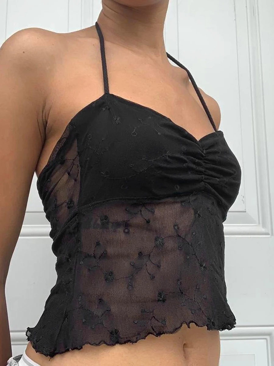 Women's Black Embroidered Camisole Sleeveless Tie Halter Halter Backless Floral Sheer Paneling Summer Suspender Vintage Y2K Top