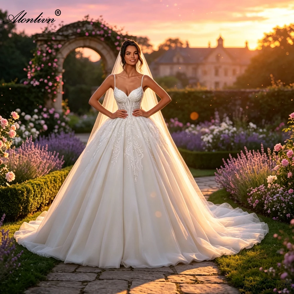 Alonlivn Custom Made Luxury Beading Pearls Appliques A-Line Wedding Dresses Delicate Sparkly Lace Spaghetti Straps Bridal Gowns