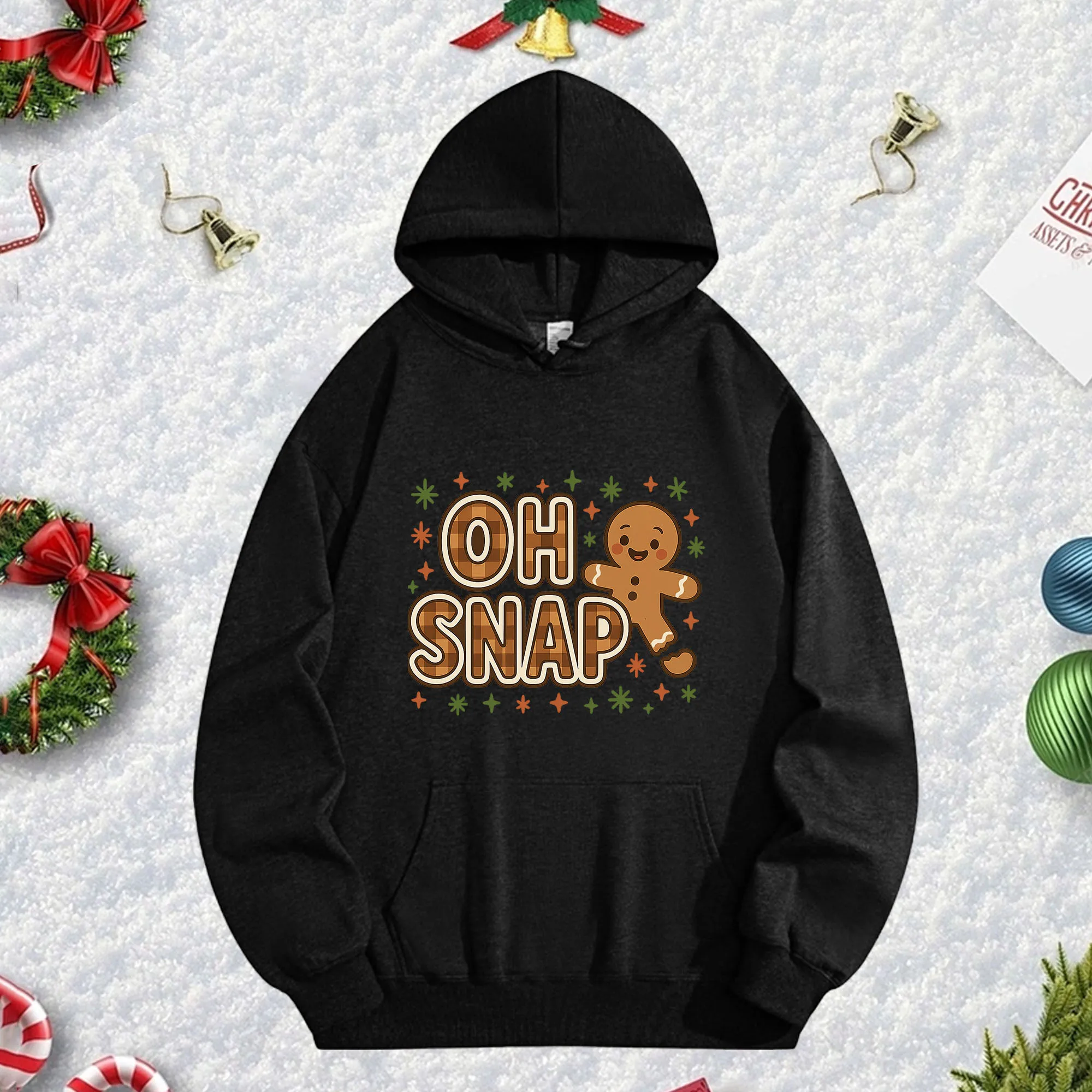 

OH SNAP Gingerbread Man 270G Черная толстовка с капюшоном для мужчин и женщин, уютный флисовый пуловер большого размера на осень/зиму, Рождество, Новый год