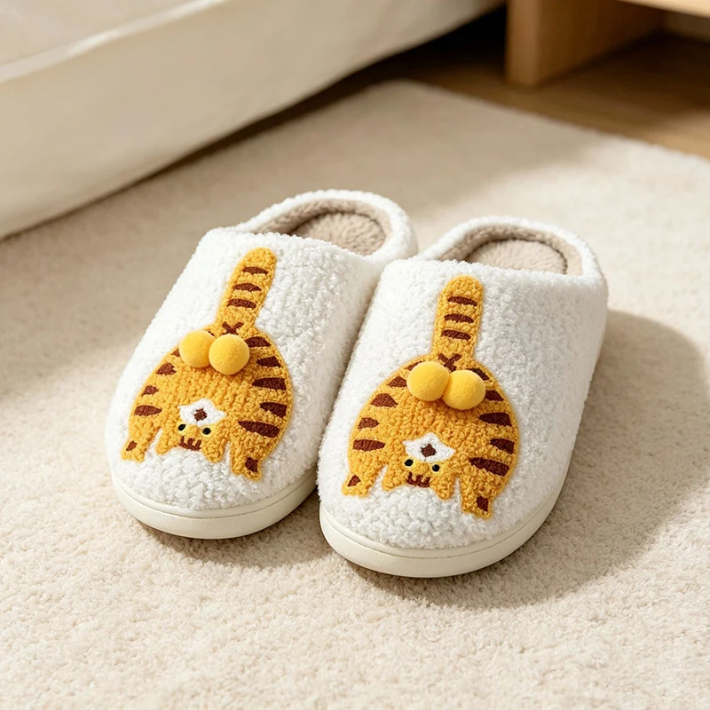 Neuartige 3D-Katzen-Plüsch-Hausschuhe für Damen, lustige Plüsch-Winter-Mules, warme, flauschige Fell-Slides für Mädchen, Unisex, rutschfest – Detail 9