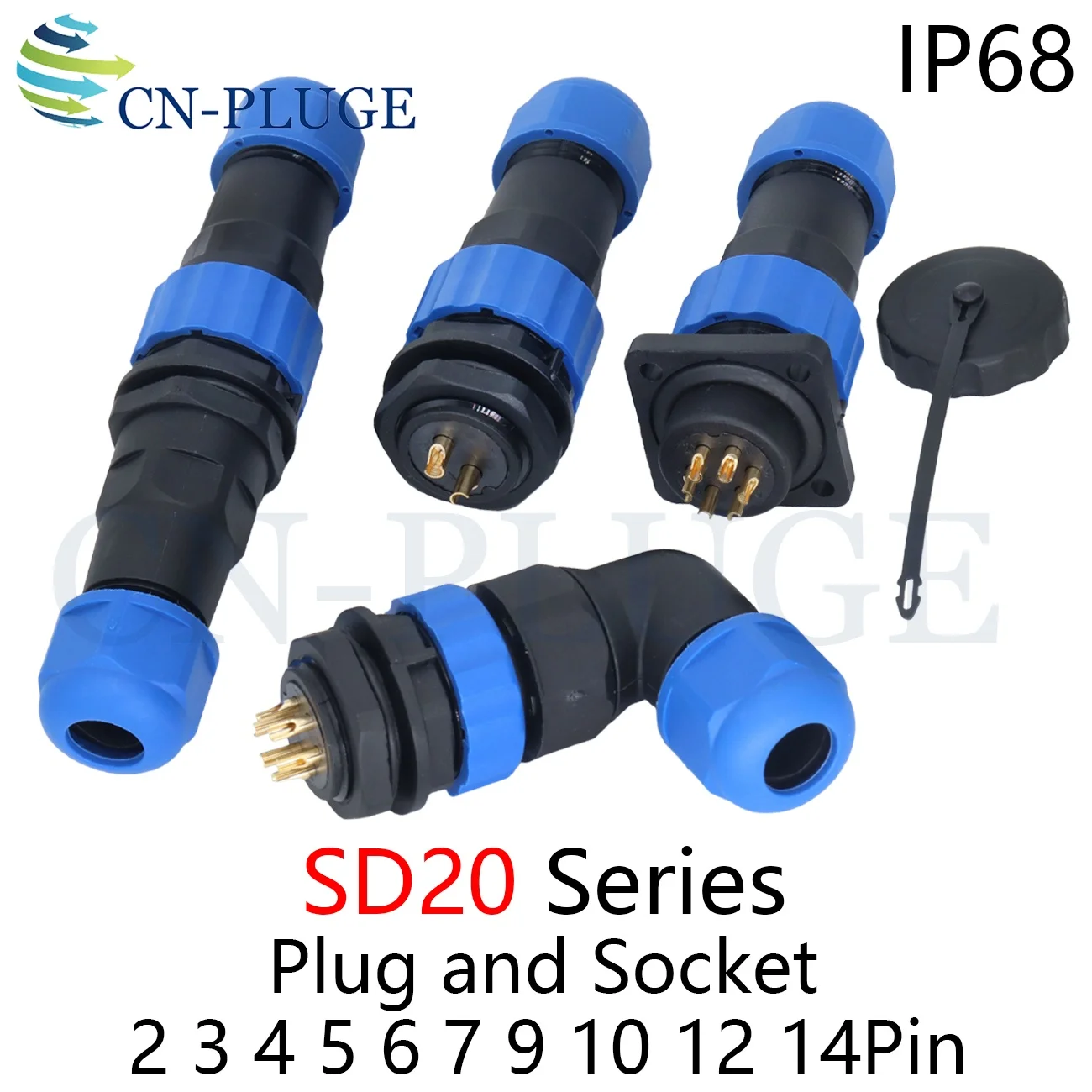 SD20 IP68 Waterproof 2 3 4 5 6 7 9 10 12 14 pin Aviation Connector, Cable Docking Connector Plug 20mm Panel Mount Socket