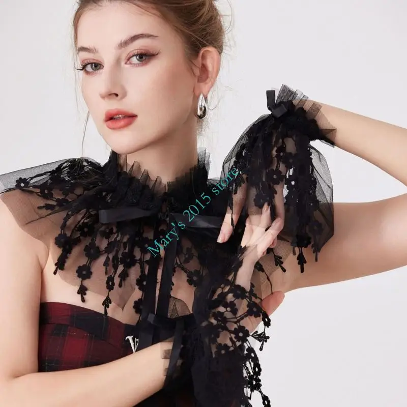 Black Detachable Collar Sleeves Set with Stand Floral Lace Detailing, Ruffled Trim Ribbon Ties and Wrist Cuffs For Clothes