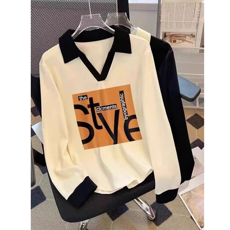 Women's Clothing 2024 Korean Fashion Letter Print Contrast Color Basic T-shirts Female Casual Polo Collar Long Sleeve Loose Tops