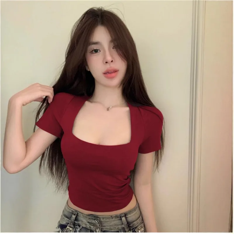 Women T-Shirt Summer Short-Sleeve T-Shirt New Slim-Fit Cropped Top U-Neck High-Waist Fitted Solid T-Shirt Casual Student Top