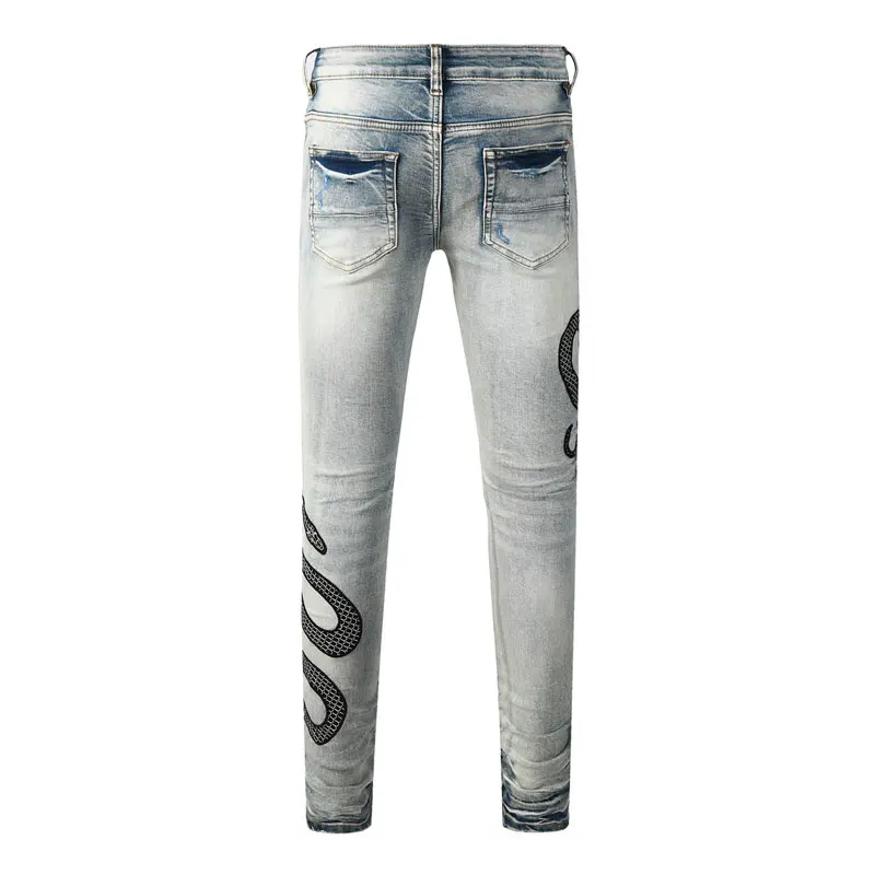 Y2K Fashion New Men's Jeans Serpentine Embroidered Perforated Patch Jeans High Street Hip Hop Brand Light Blue Pants Hombre
