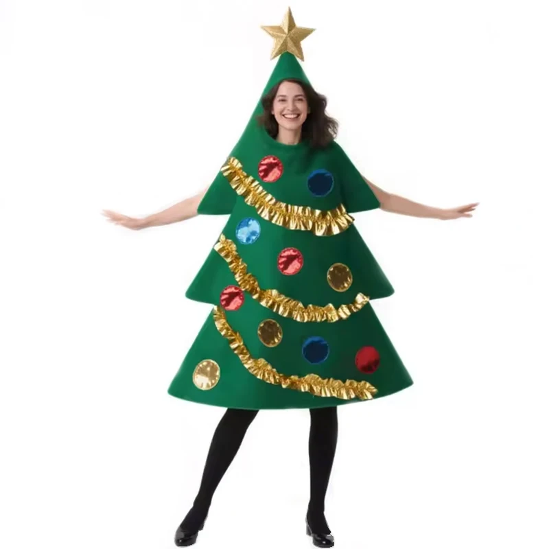 2026 New Arrival Unisex Adult Xmas Party Festival Outfit Fancy Dress Up Star Topper Hooded Tunic Women Christmas Tree Costume