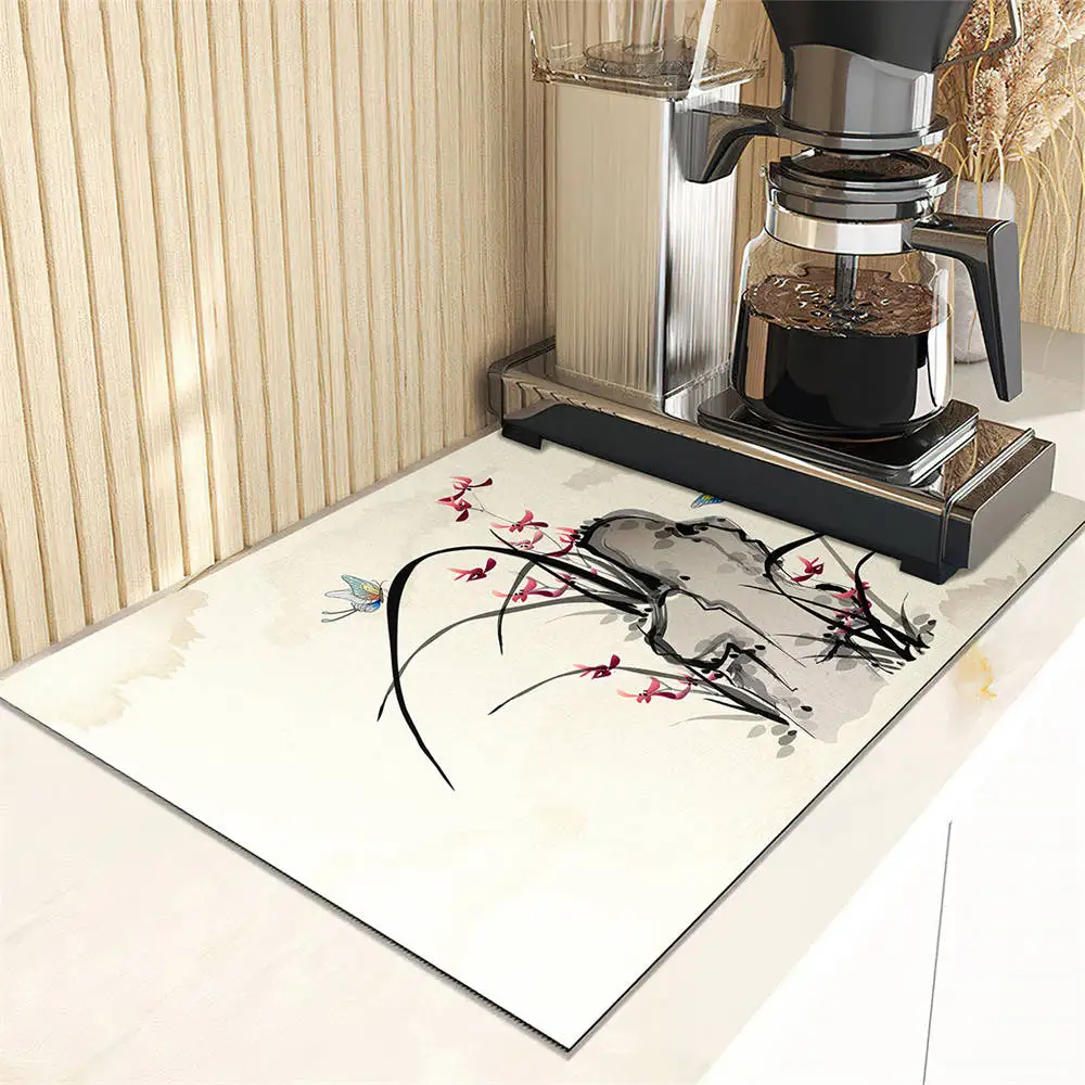 Kitchen Super Absorbent Mat Chinese Ink Flowers Painting Mat Drying Mat Quick Dry Bathroom Drain Pad Kitchen Faucet Placemat