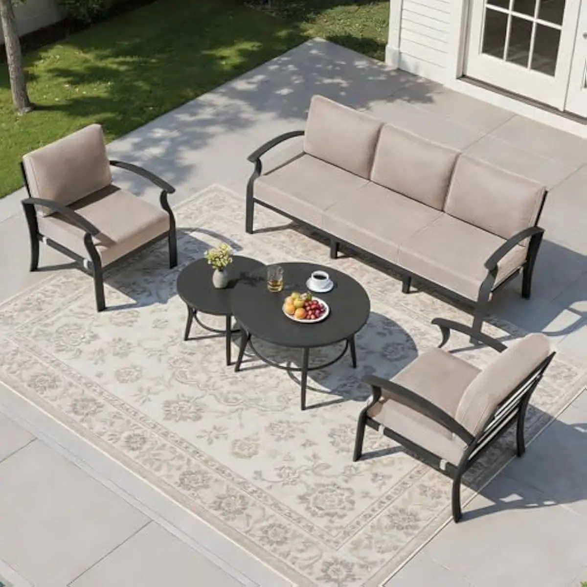Outdoor sectional patio set for 5 people with semicircular modern design sand-colored aluminum frame rust-proof finish ergonomic