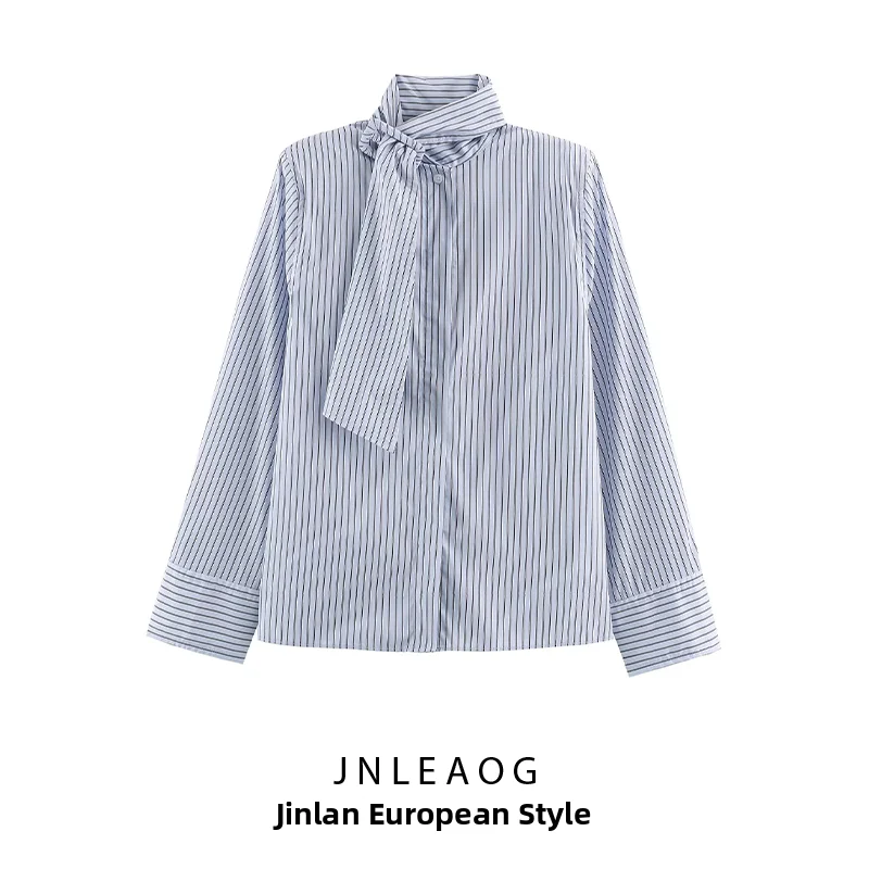 JNLEAOG Women's Fashionable Striped Shirt with Shoulder Pads Autumn New Style Casual Straight Cut Long Sleeve Polyester Blouse